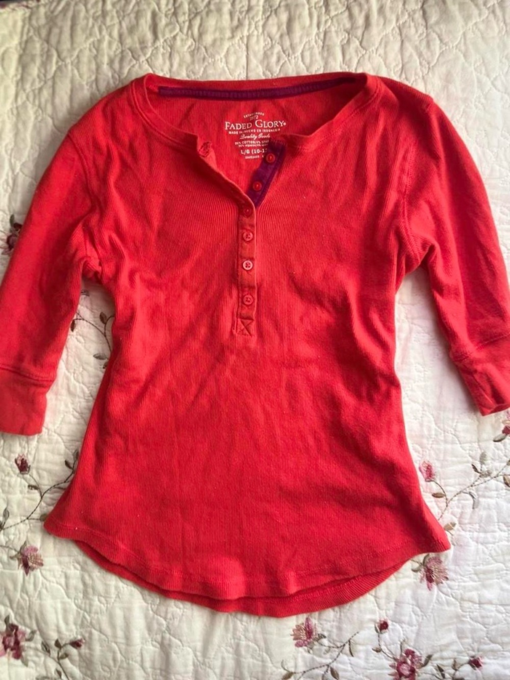 Faded Glory Red Waffle 3/4 Sleeve Henley Top - Picture 3 of 8